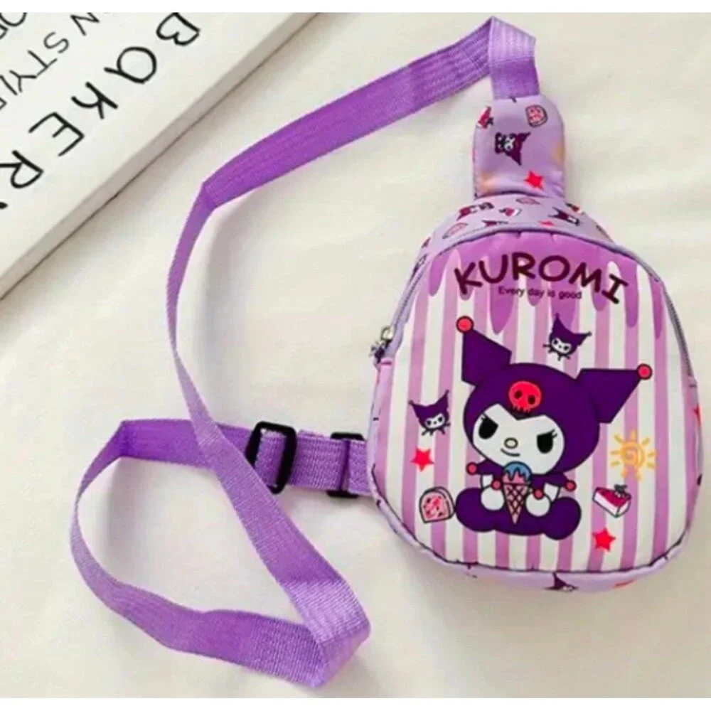 Kuromi Sling Bag Purple‎ White Stripe Character Print Crossbody Small Purse